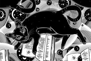 Illustration of a cat sprawled across spellbooks