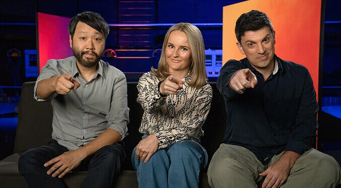 Presenters Lawrence Leung, Kirsten Drysdale, Chas Licciardello